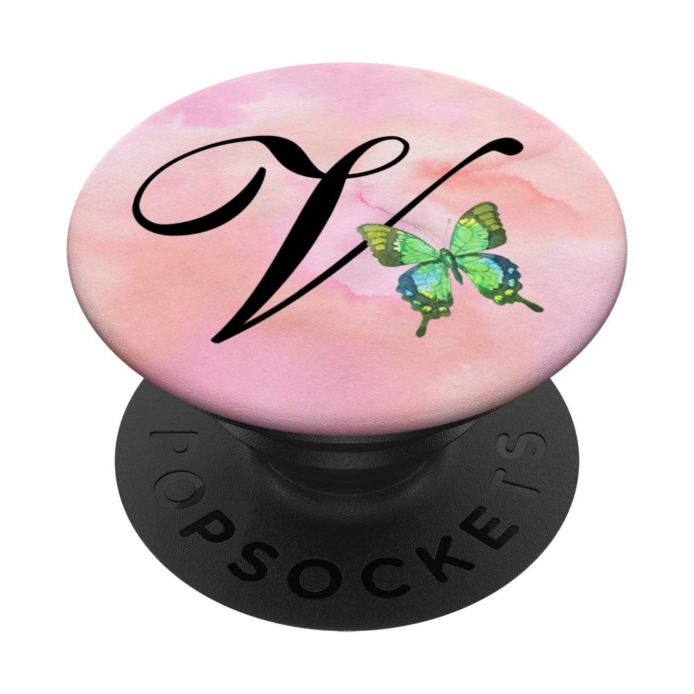 PopSocket Con Iniziale V A Forma Di Farfalla – PopGrip Intercambiabile Con Tema Farfalle Viola E Blu Su Sfondo Nero - 2