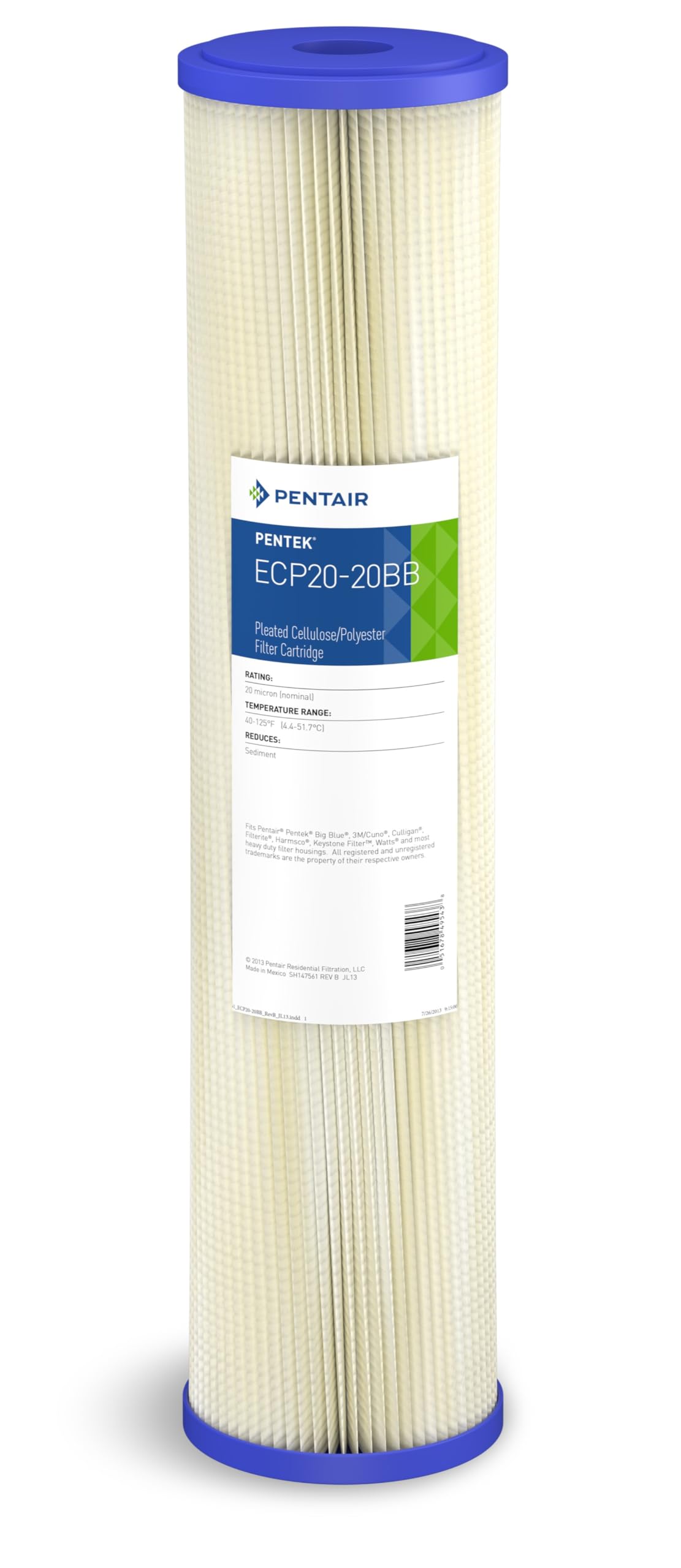 Pentek ECP20-20BB Pleated Cellulose Polyester Filter Cartridge, 20" x 4-1/2", 20 Micron 20" H x 4-1/2" W, 20 Microns Silver 255495-43 1