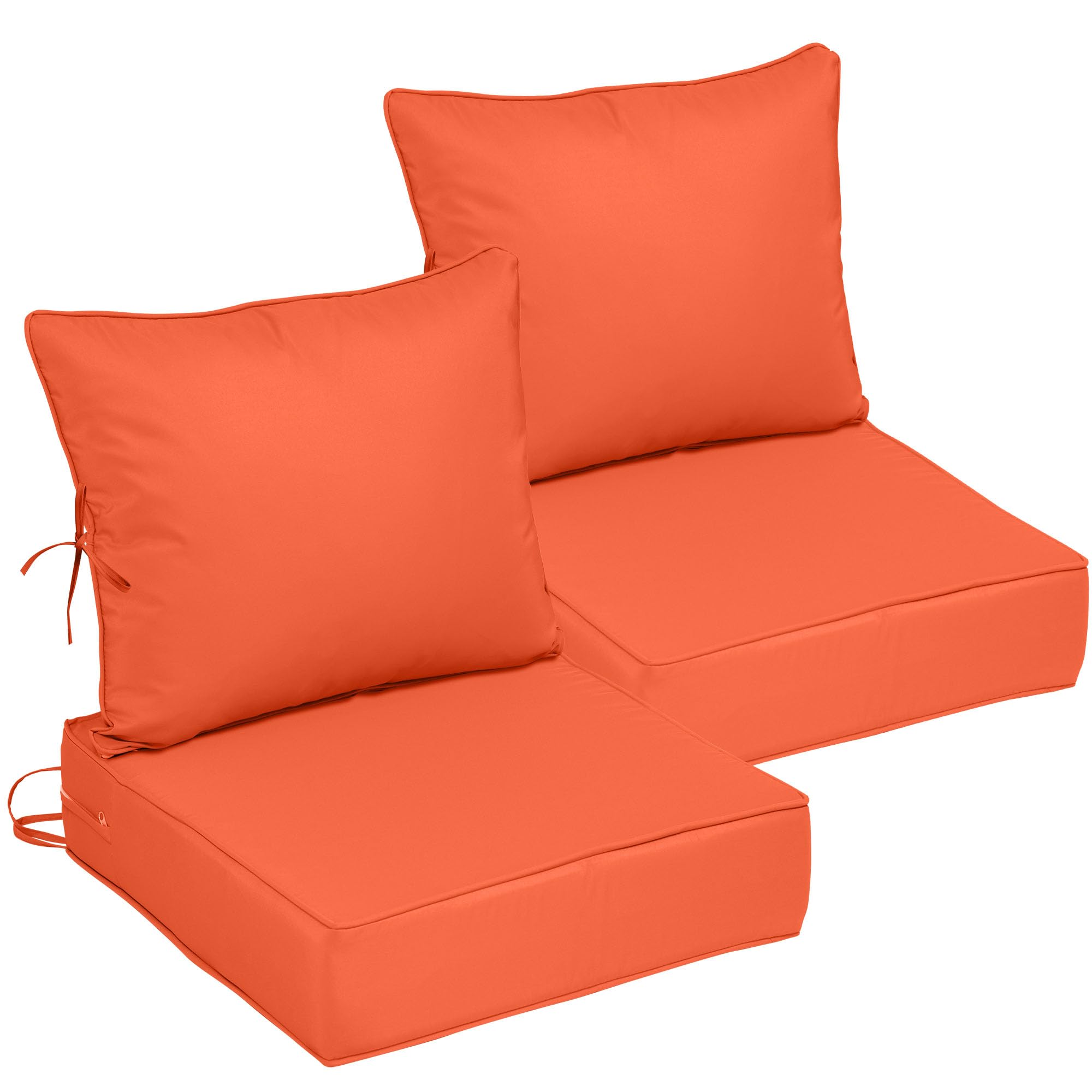 24x24 Outdoor Chair Cushions Set of 2, Waterproof Deep Seat Cushions for Patio Furniture with Removable Cover, Fade Resistant 4'' Outdoor Seat Cushion with Ties Handle for Wicker Sofa Couch, Orange
