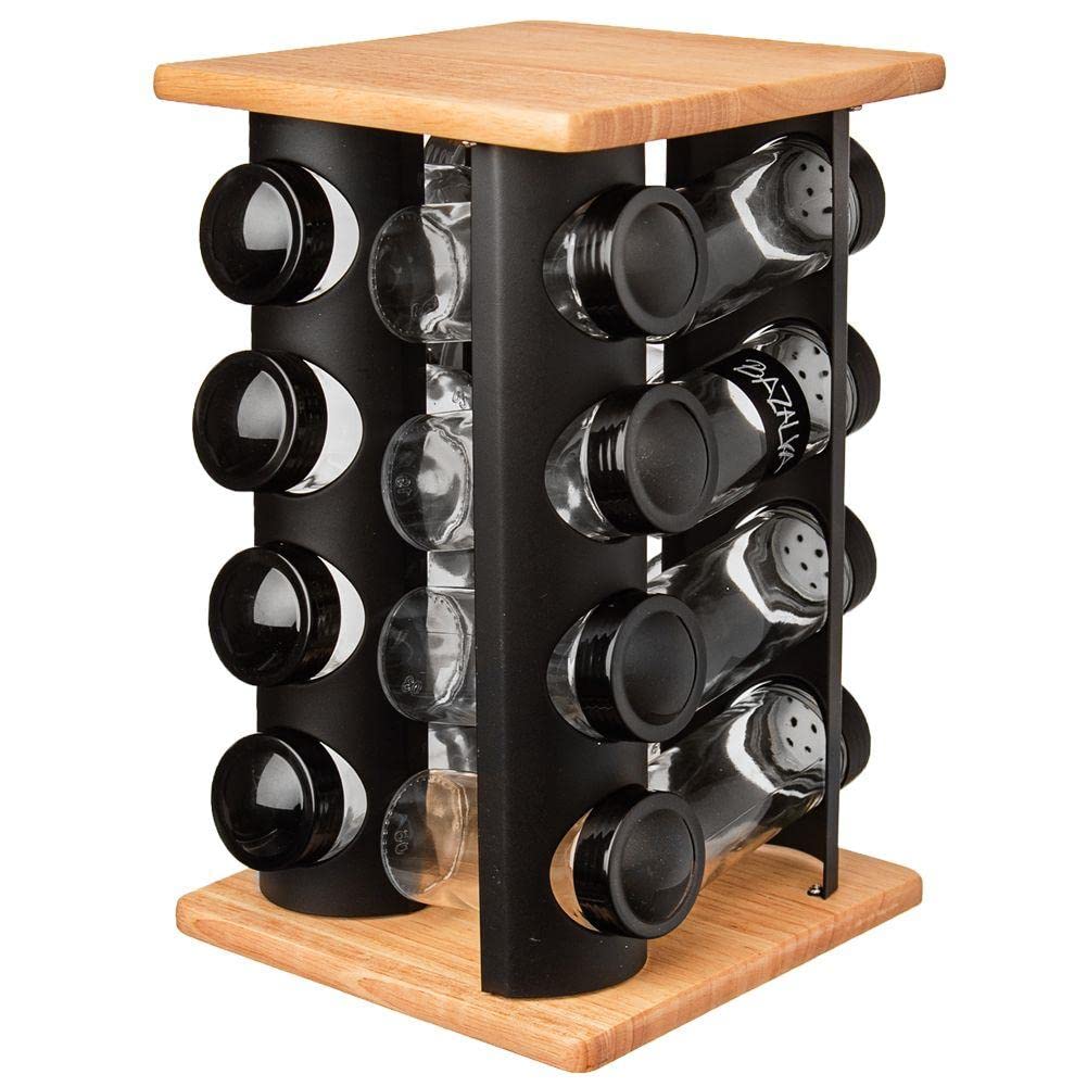 orion group Support à épices carrousel rotatif | avec 16 récipients en verre robuste en bois et métal 17,5 x 17,5 x 29 cm