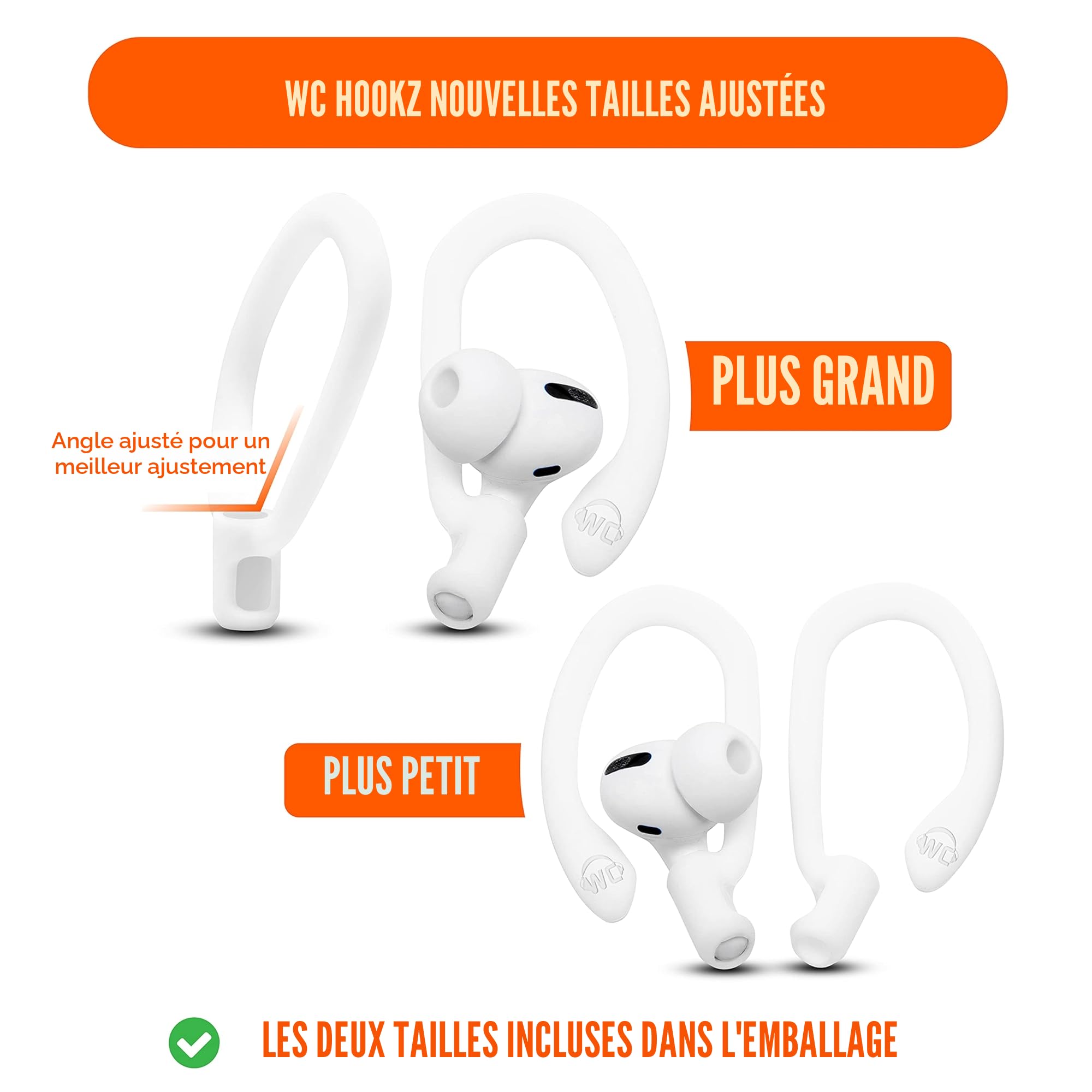 WC HookZ – Crochets d'oreille brevetés améliorés pour AirPods Pro 1, 2 et AirPods 1, 2 et 3 – Deux Paires de Tailles incluses dans Le Colis, fabriqués par Wicked Cushions | Winter White