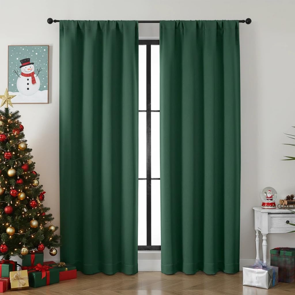Simplebrand Ava Ever Green Blackout Curtains for Bedroom 84 Inch Length 2 Panels Set, Solid Thermal Insulated Privacy Living Room Window Treatment