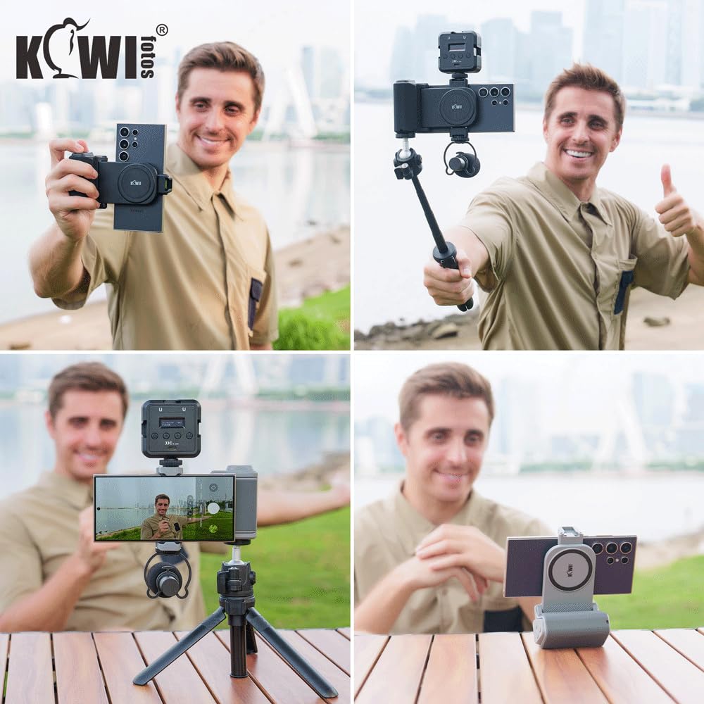 KIWIFOTOS Grand Support pour Smartphone avec Détachable Télécommande, Poignée Magnétique avec Griffe pour Prise de Vue iPhone Android de 59 à 85mm de Largeur (Noir)