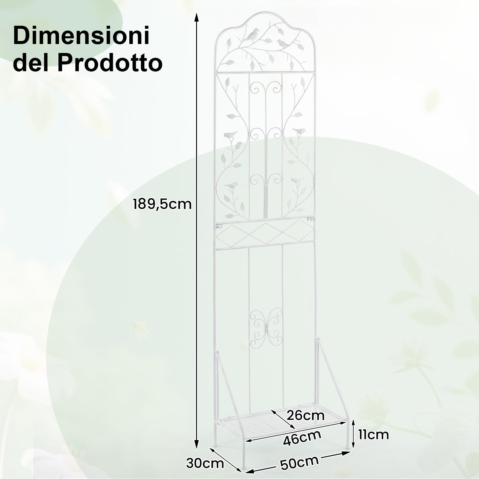 GYMAX Traliccio per Rampicanti in Metallo con Ripiano Pieghevole, Grigliato da Giardino per Recinzione 189,5 x 50 cm, Graticcio Decorativo per Piante Rampicanti per Giardino, Cortile (Bianco,1)