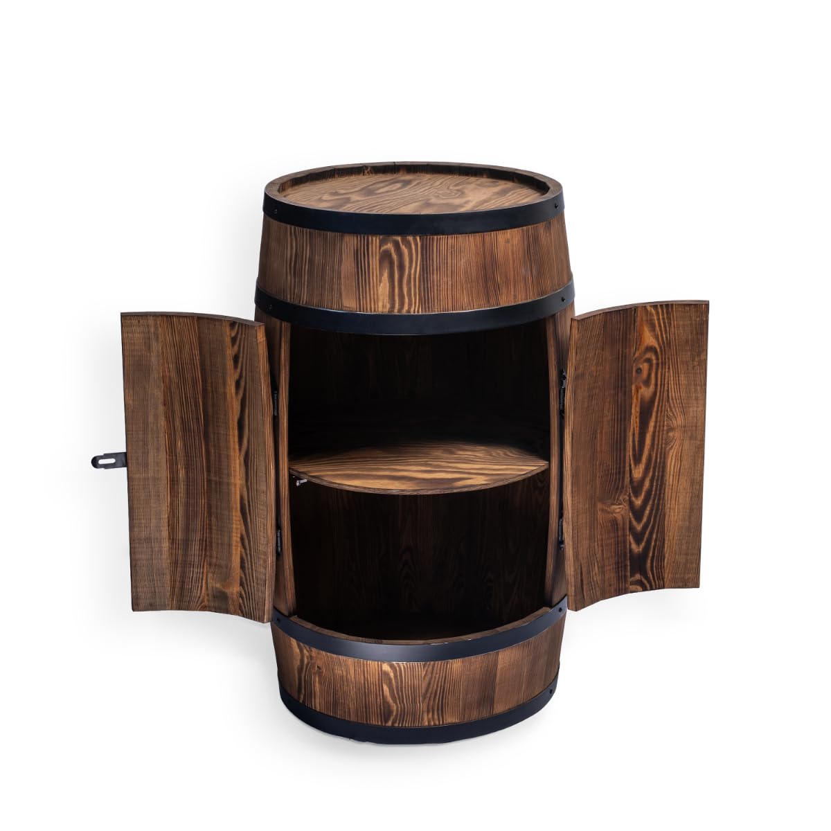 CREATIVE COOPER Fassbar Stehtisch mit Tür und LED RGB - Alkoholschrank Flaschenregal Holz - Holzfass - Fassmöbel - Wineregal - Whiskybar- Weinfass mit Tür - 80 cm (Sonnenverbranntes wenge)