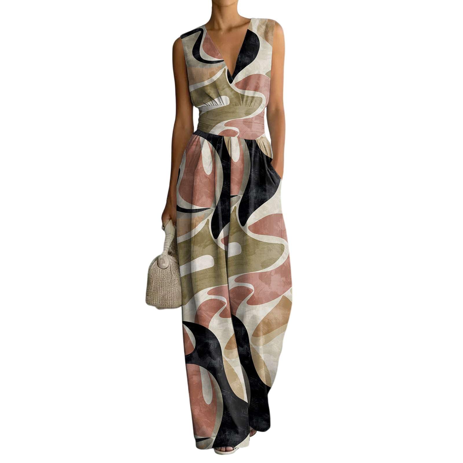 Jumpsuit Damen-Elegant Overall Sommer Latzhose Mit Ärmel Lang Tailliert Hosenanzug Weites Bein V Ausschnitt Playsuit Atmungsaktiv Arbeitslatzhose Figurformend Jumpsuits Business Outfit mit Taschen
