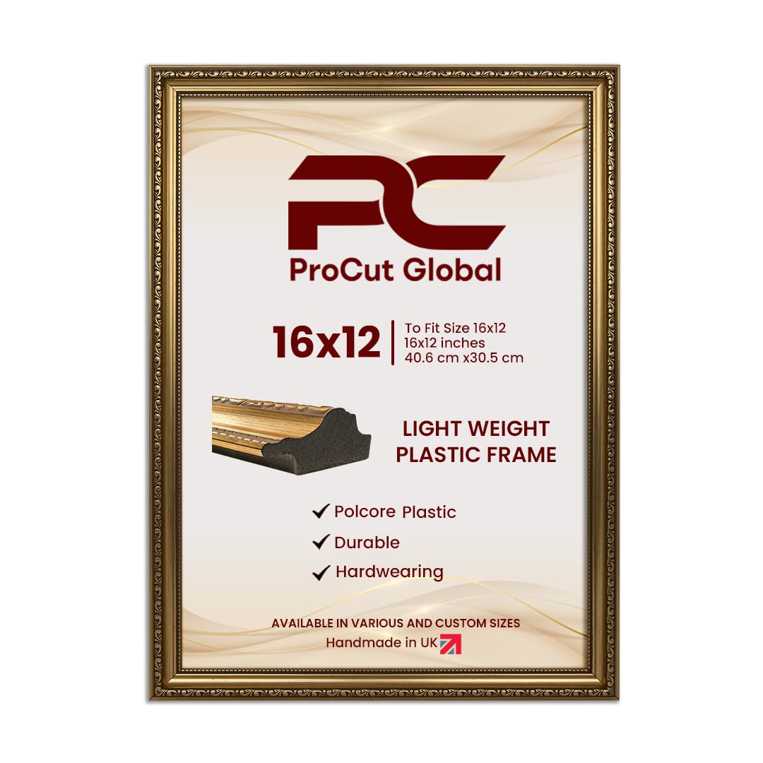 Procut Global 16x12 Gold Picture Frames - Vintage Photo Frame with Shatterproof Perspex for Wall or Tabletop - Ideal for Posters, Certificates & Prints - Sizes & Colors Available