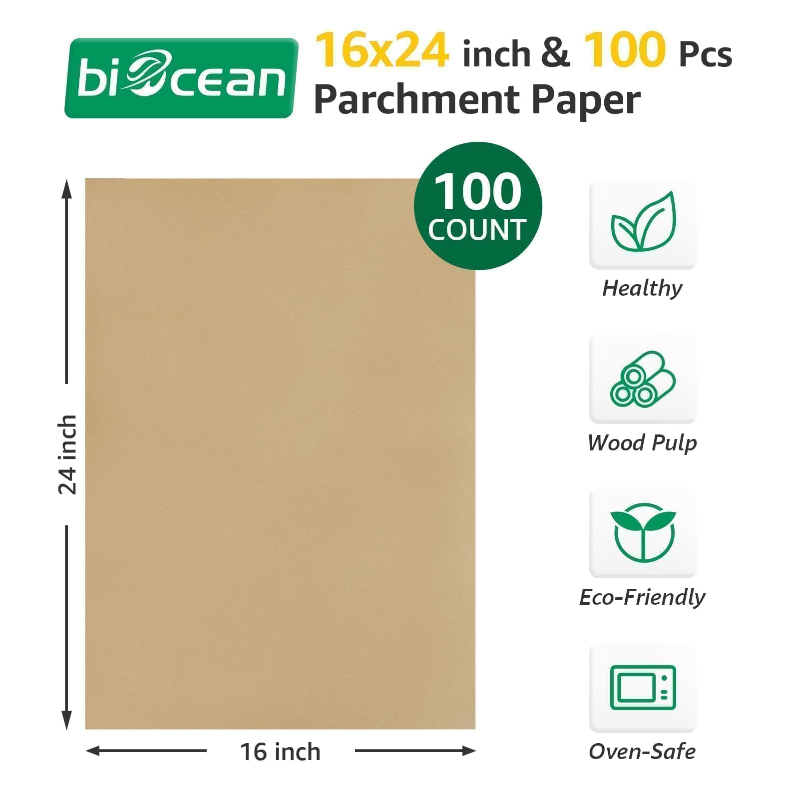 100 hojas de papel pergamino sin blanquear de 16 x 24 pulgadas, precortadas, resistentes, planas, suministros para hornear, papel antiadherente, papel de cocina no tóxico para freidora de