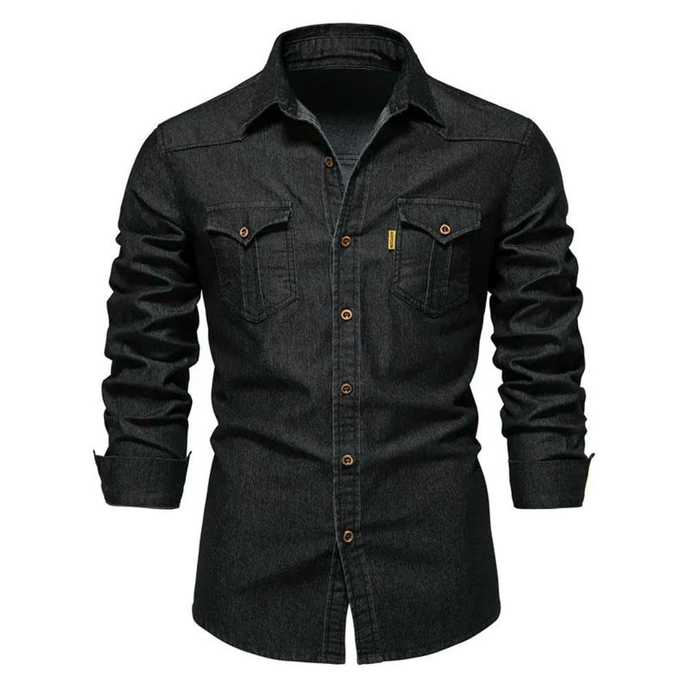 ZBDP Camicia in denim di cotone elastico da uomo a maniche lunghe in tinta unita camicie da uomo casual slim fit abbigliamento da uomo