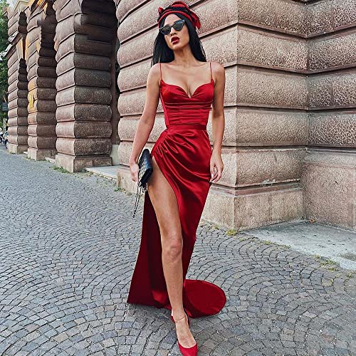 Sweetheart High Split Mermaid Prom Dresses Long Spaghetti Strap Satin Formal Ball Gown2