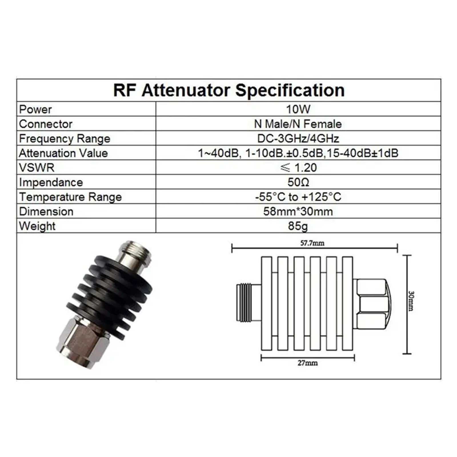 Attenuatore Tipo N da 10 W DC-3Ghz/4Ghz 1/2/3/5/6/10/15/20/30db/40db N Maschio a Femmina Spina di Alimentazione coassiale RF Maschio a Femmina 50ohm(15db,3G)