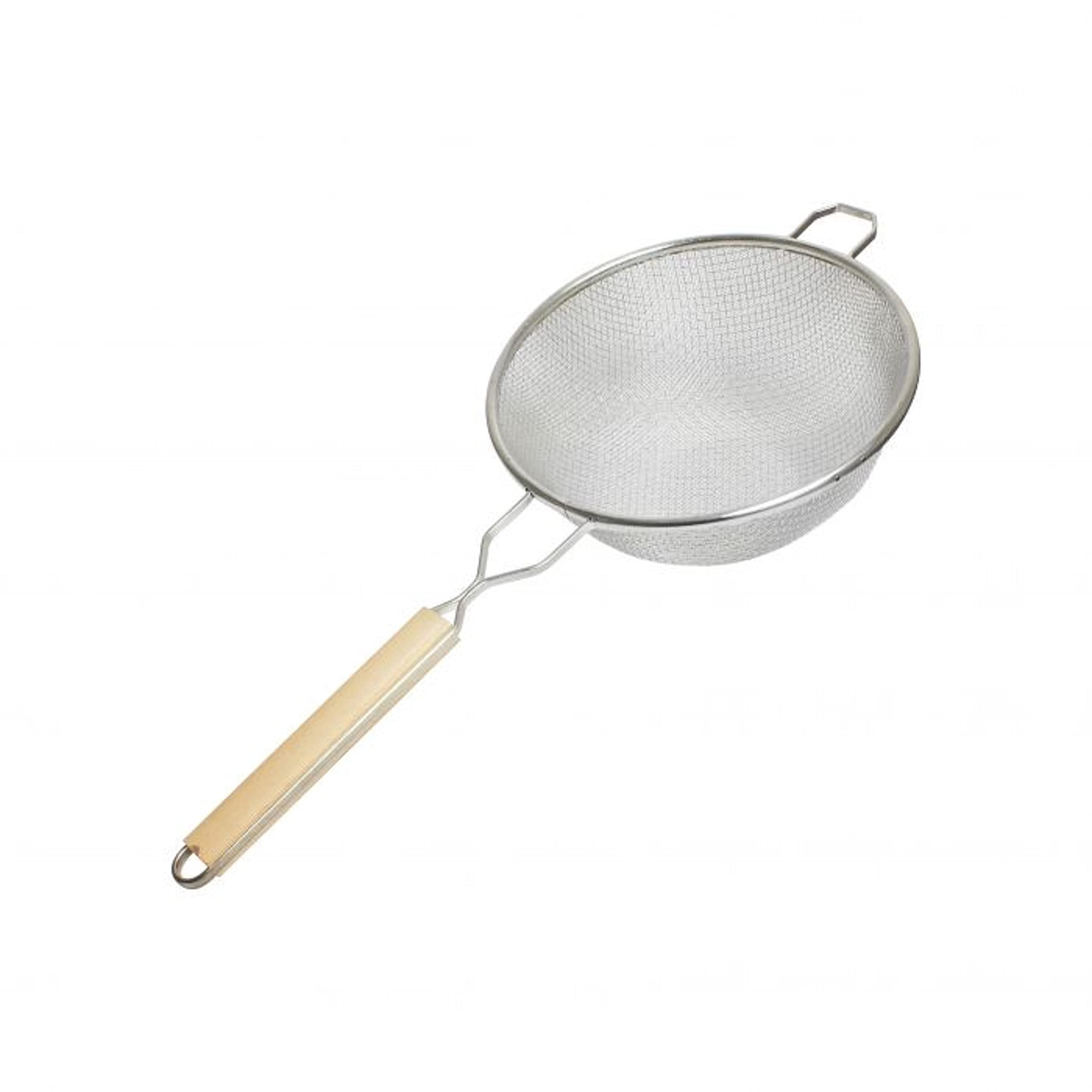 TrueCraftware- 10-Inch Double Fine Mesh Strainer Stainless Steel with 10-3/4" Handle Length Wooden Handle- Kitchen Utensil Food Strainer Skimmer Spoon