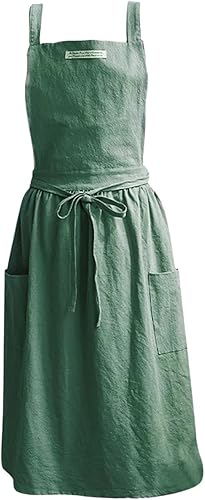 Delantal de lino para mujer, con bolsillos, espalda cruzada, bonito delantal estético