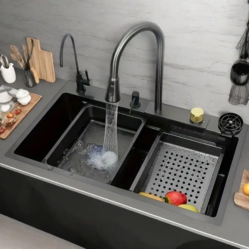 Qimage Fully Equipped Kitchen Sink with Integrated Waterfall and Pull-down Faucets/304 Grade Stainless Steel Sink - Nano Black Finish (30 x 18 Inch)