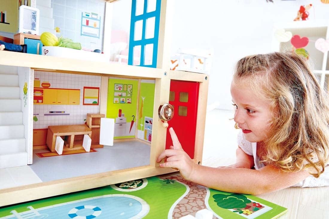 Hape Puppen-Villa Holz-Puppenhaus mit 10 Zimmern, kreatives Rollenspiel, inklusive Möbel und Zubehör, pädagogisches Spielzeug, für Kinder ab 3 Jahren