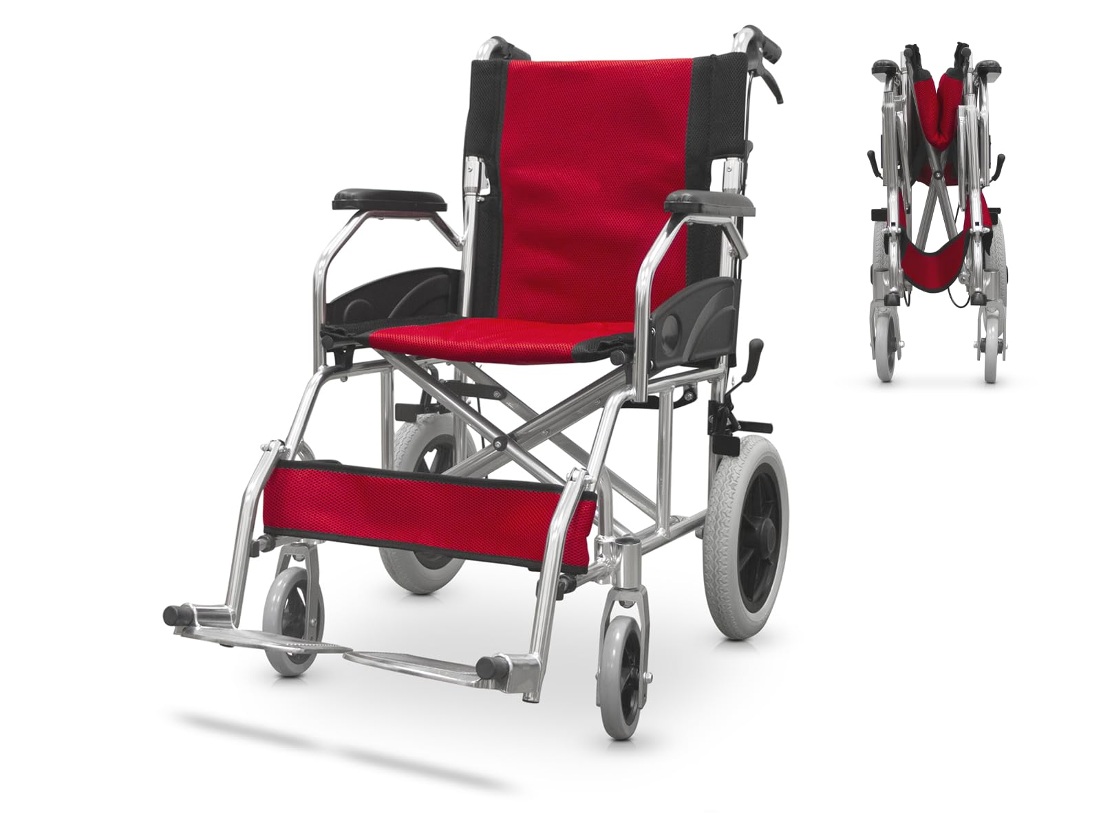 QUIRUMED Silla de ruedas plegable para traslado, Estructura de aluminio, Ultraligera, Frenos de acompañante, Plegado Compacto, Ortopédica, Para minusválidos