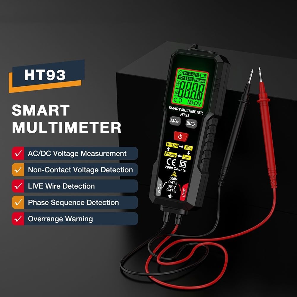 Multímetro multifunción Smart Home HT93, portátil, con detección de Voltaje de conducción nerviosa (NCV), comprobador de circuitos de Corriente CC/CA, voltios y ohmios para Voltaje