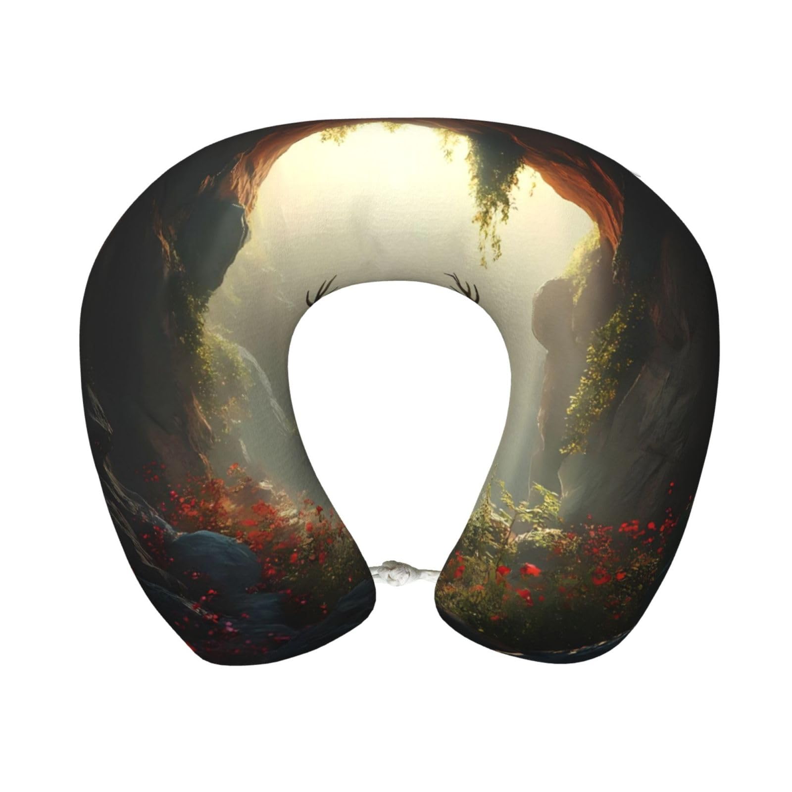 peiyeety Enchanted Deer in Cave Print Travel Pillow Memory Foam, Portable Neck Pillow for Airplane, Car and Office
