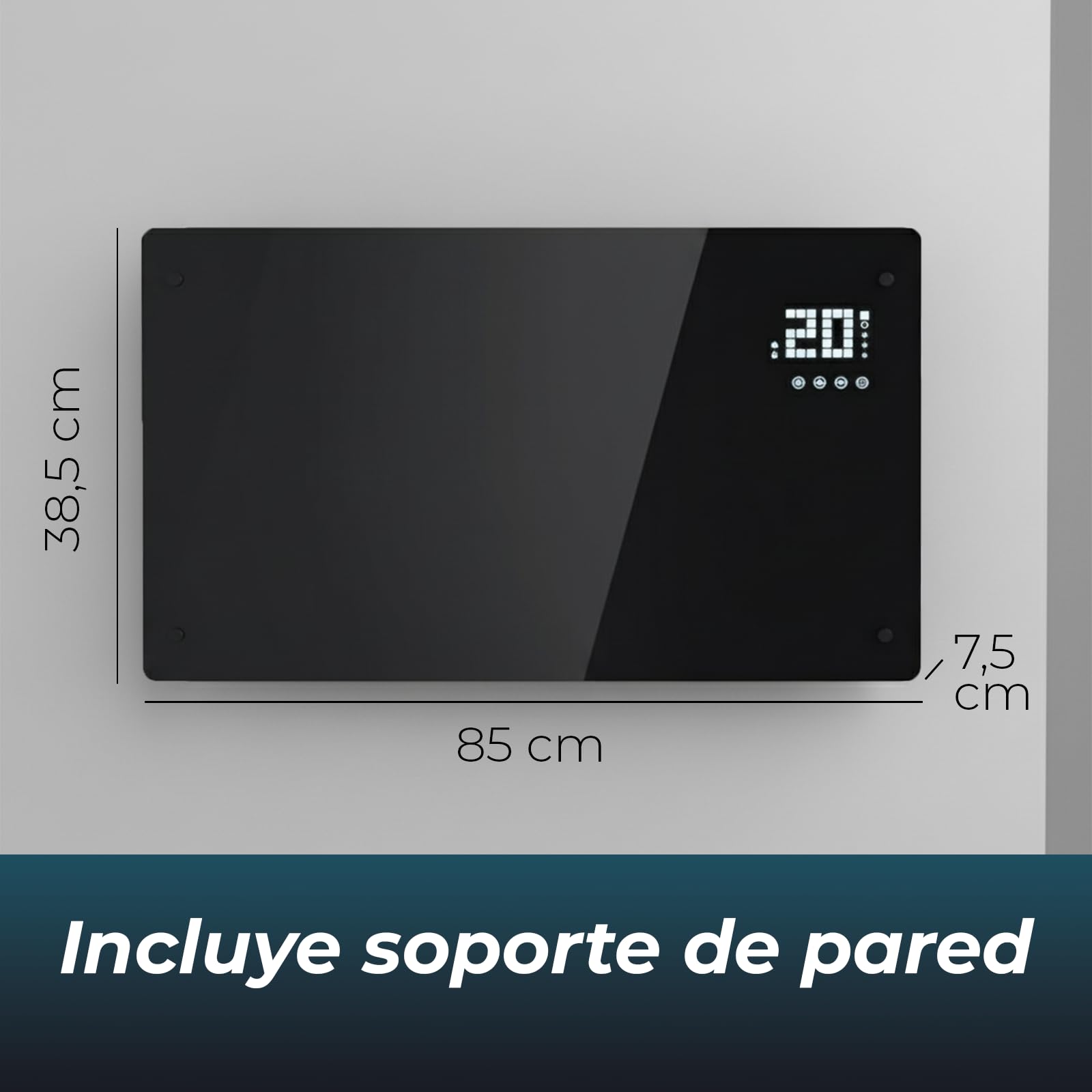 YOEVU Emisor Térmico de Cristal 2500W con Pantalla LCD Táctil, Control Remoto, Ruedas y Soporte de Pared, Calefacción Eficiente y Versátil para el Hogar, Negro