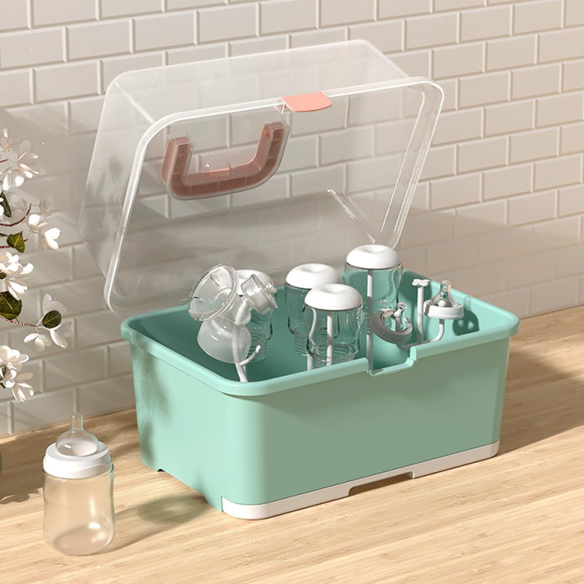 Scatola Asciuga Biberon in Plastica Verde Chiaro Manico