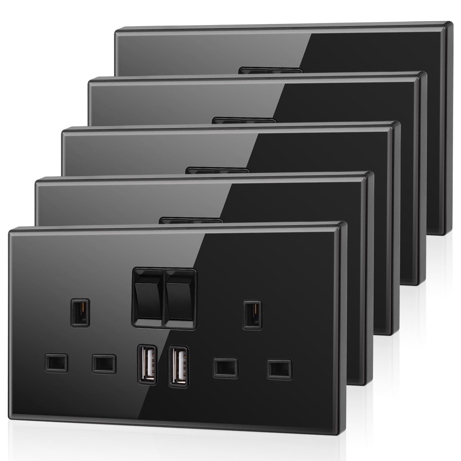 5 Pack CNBINGO Glass Double Switched Power Socket with 2 USB-A Charging Ports (2.1A Output), Electric Power Sockets 2 Gang 13 Amp, Black Double Wall Outlet with Tempered Glass Panel — image 1
