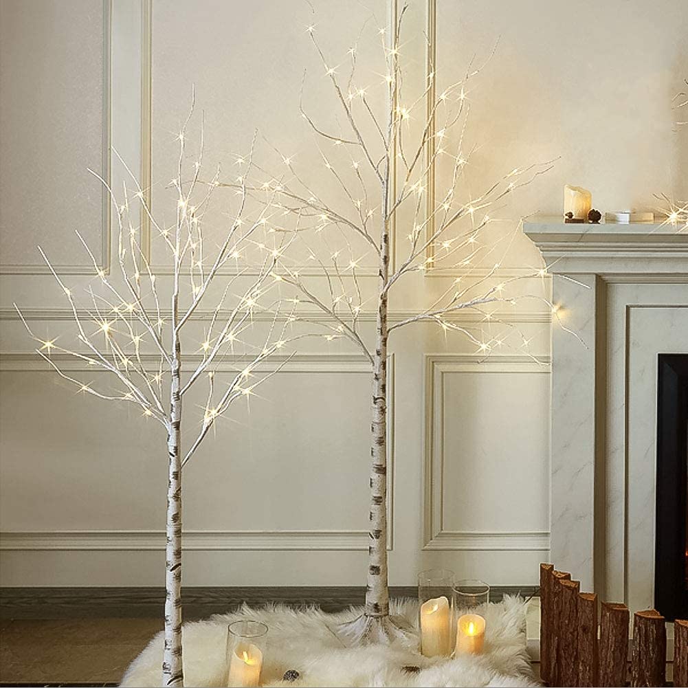 PABIPABI ?Pack of 2? White Birch Tree with Lights Set 5FT 6FT Christmas Tree Lights Combo Kit Perfect for Indoor Outdoor Home Decor Holiday Party Wedding Thanksgiving & Christmas Decorations