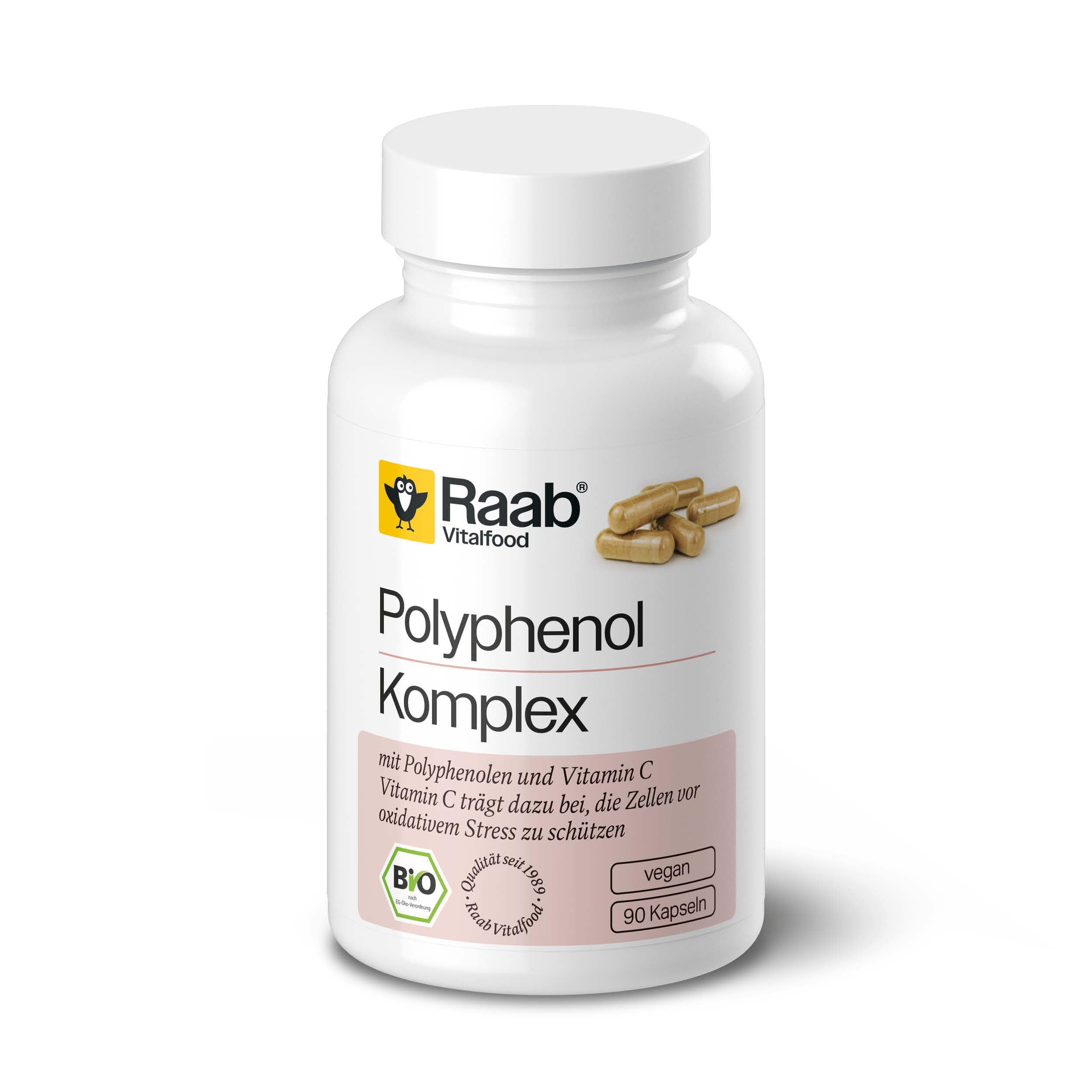 Raab Vitalfood® Bio Polyphenol Komplex Kapseln (90 Stück) - mit 270 mg Polyphenolen pro Tag und mit natürlichem Vitamin C aus Acerola, das dazu beiträgt, die Zellen vor oxidativem Stress zu schützen.