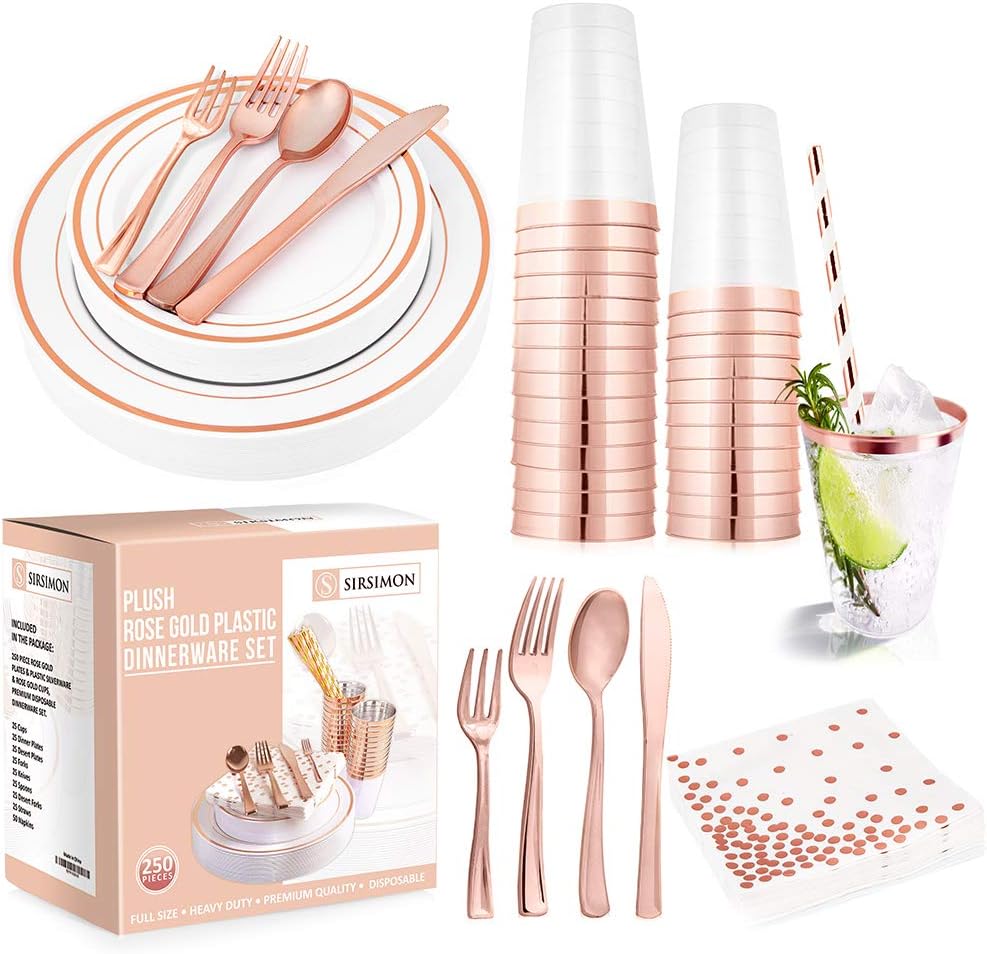 SIRSIMON 250 Piece Disposable Rose Gold Plastic Dinnerware Set - 50 Rose Gold Plastic Plates - 25 Rose Gold Plastic Silverware - 25 RoseGold Cups and Straws - 50 Fancy Napkins, Wedding or Party of 25