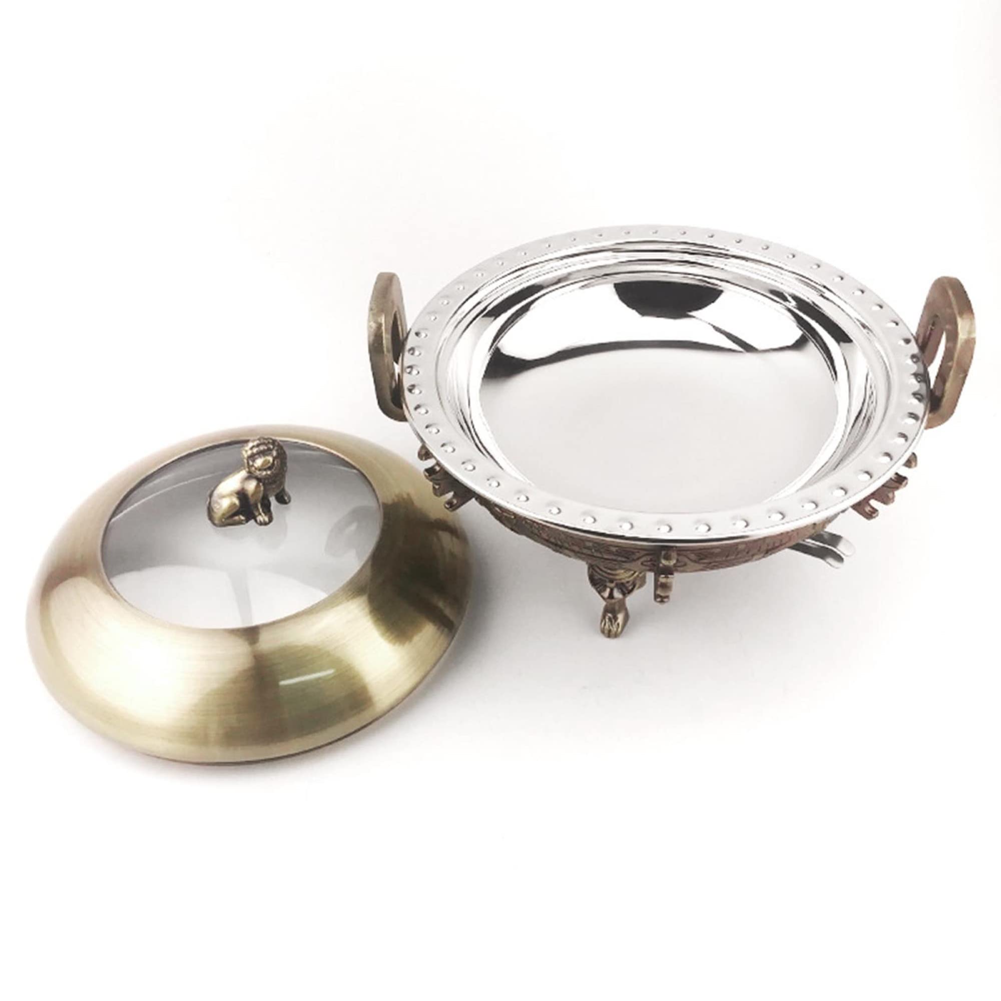 Calentador de Plato Redondo de Acero Inoxidable para bufé de Catering con bandejas, Soporte de Aluminio, Tapa Visible y Soportes para Combustible.