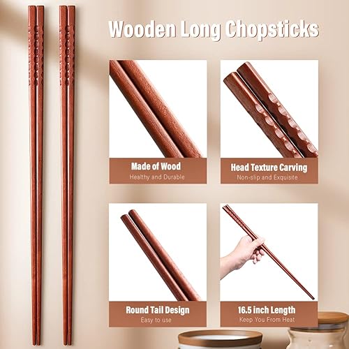 Miniatura 4 de Palillos de madera de 16.5 pulgadas, 2 pares de palillos de cocina largos, color marrón, extra largos, antideslizantes, para fideos, freír, palillos