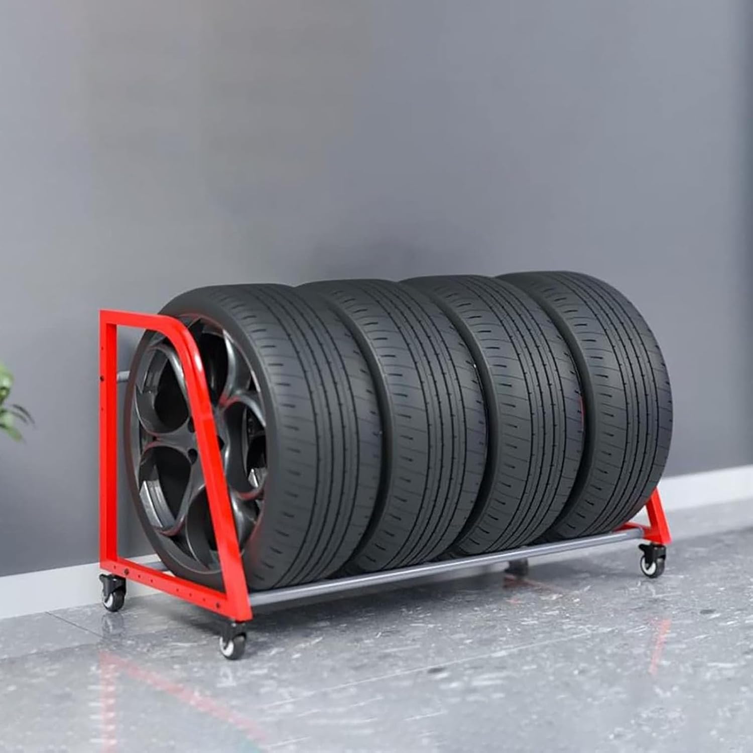 Support pour 4 pneus saisonniers à roulettes : solution de stockage anti-encombrement