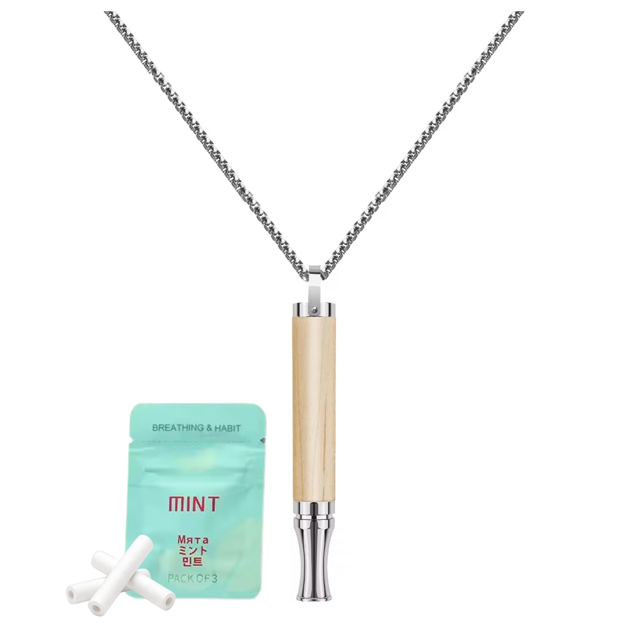W-Direct Men's Wooden + Steel Stainless Steel Breathing Necklace (Wooden + Steel) – Refillable Aromatherapy Inhaler Pendant For Anxiety Relief & Mindful Breathing, Habit Support Essential Oil Diffuser Necklace For & Wo