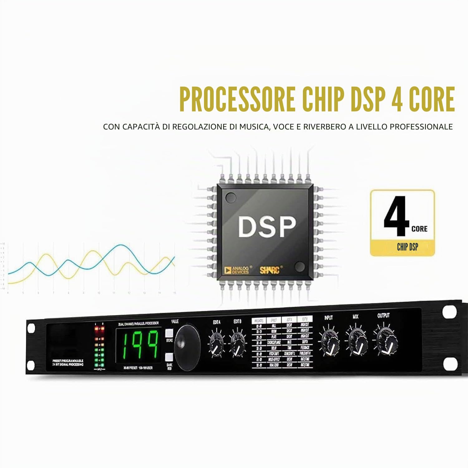Processore audio digitale con DSP a 24 bit, 99 preset, 199 effetti sonori, riduzione del rumore per registrazione e mixaggio