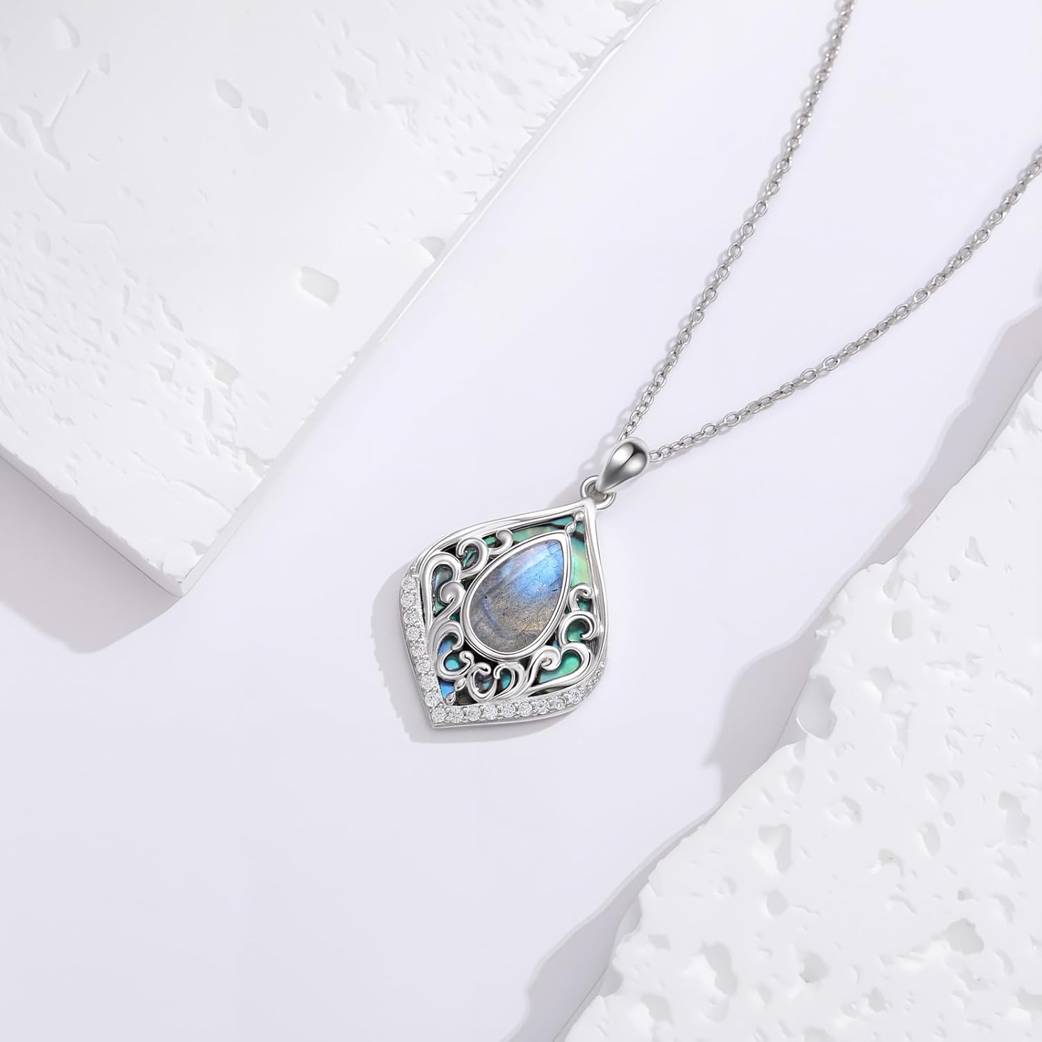 Filigree Gemstone Necklace 925 Sterling Silver Teardrop Bohemian Necklace Abalone Shell Jewelry Birthday Gifts for Women