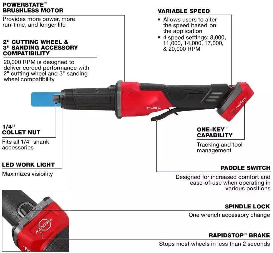 Die Grinder 2984-20 for Milwaukee M18 FUEL Vari Speed Braking Die Grind Paddle Switch w/ONE-KEY