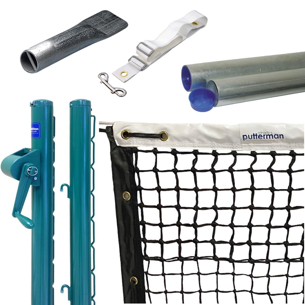 Putterman Tennis Posts – Permanent Court Kit – 2 7/8” OD, Round, External Wind, Green – Optional Ground Sleeves