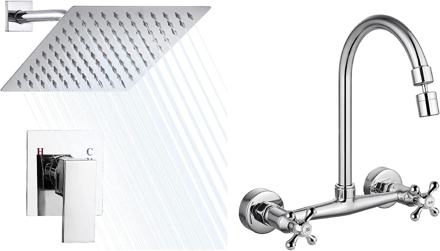 Airuida Shower Faucet Set Polish Chrome Bathroom Rain Shower System Bathroom Bowl Vessl Sink Faucet Stainless Steel Polish Chrome Tall Bathroom Faucet Single