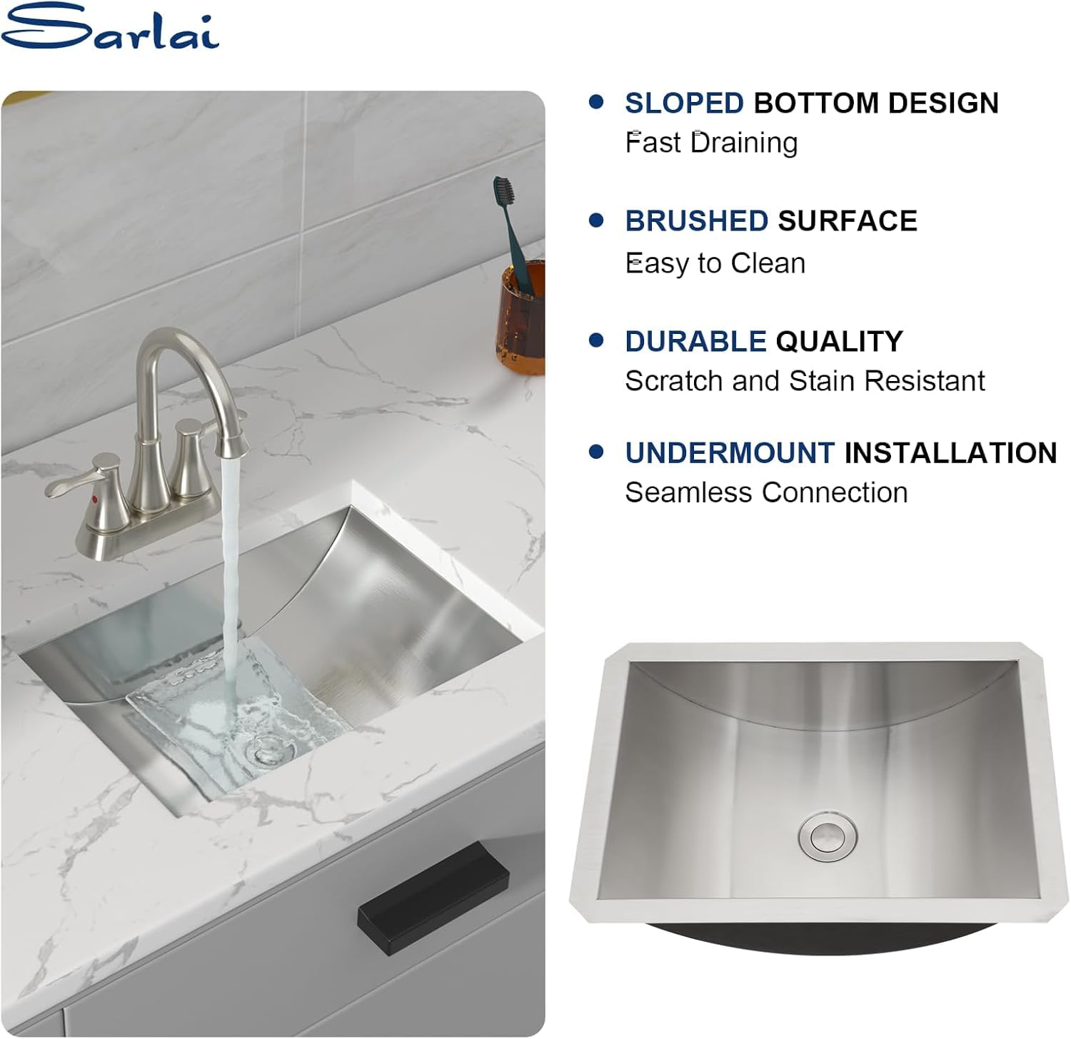 Lavabo de baño rectangular de acero inoxidable de 45,7 x 33 cm, bajo encimera, lavabo con drenaje desplegable