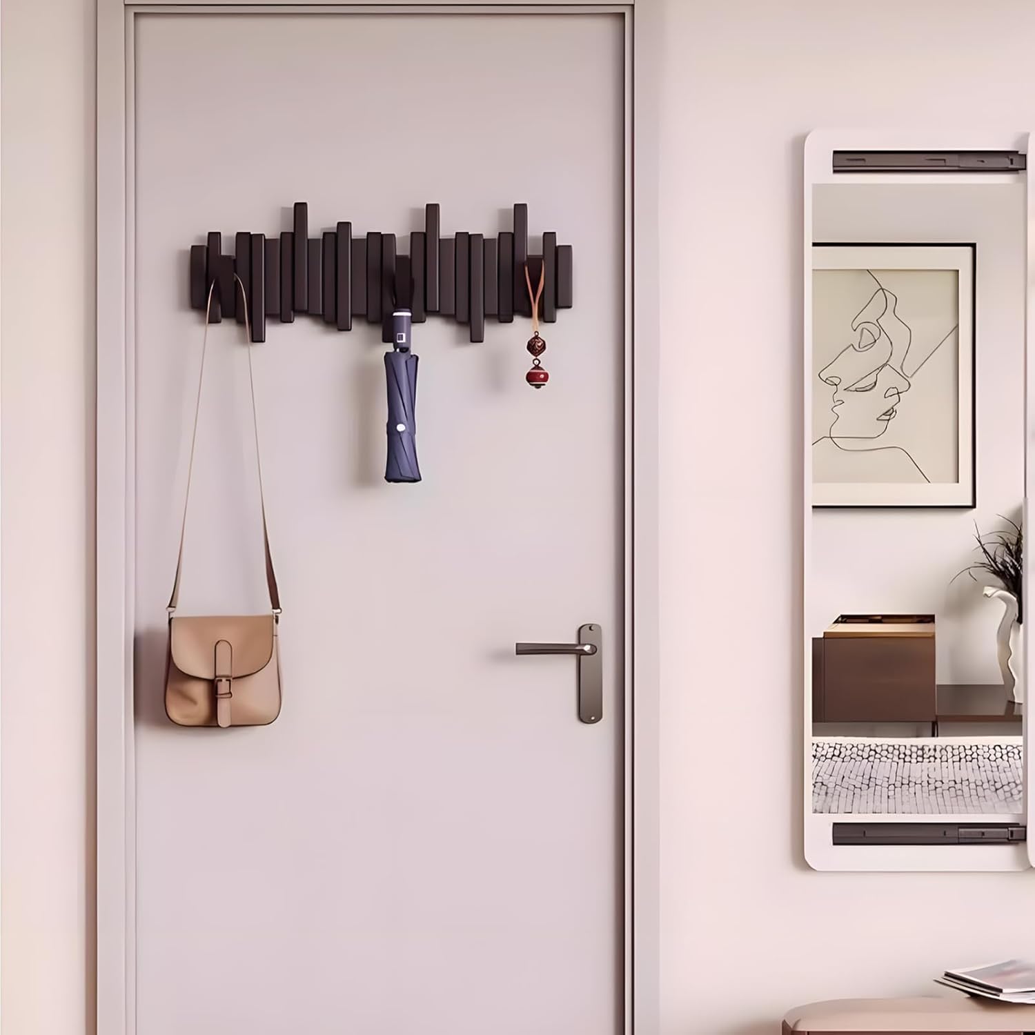Wooden Coat Rack Wall Mount Modern Piano Wall Art Space-Saving Magnetic Hooks Wall Hat Hanger Living Room Entryway Key Holder Bedroom (Black,8 Hooks)
