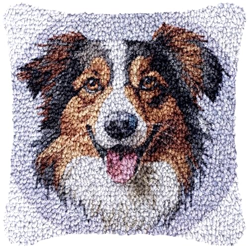 Australian Shepherd Latch Hook Kits Pillow Color Printed Canvas Cushion Crochet Yarn Needlework Hook Latch Kit DIY Embroidery Pillowcase Rug Cover Home Sofa Christmas Decor 43x43cm(2)