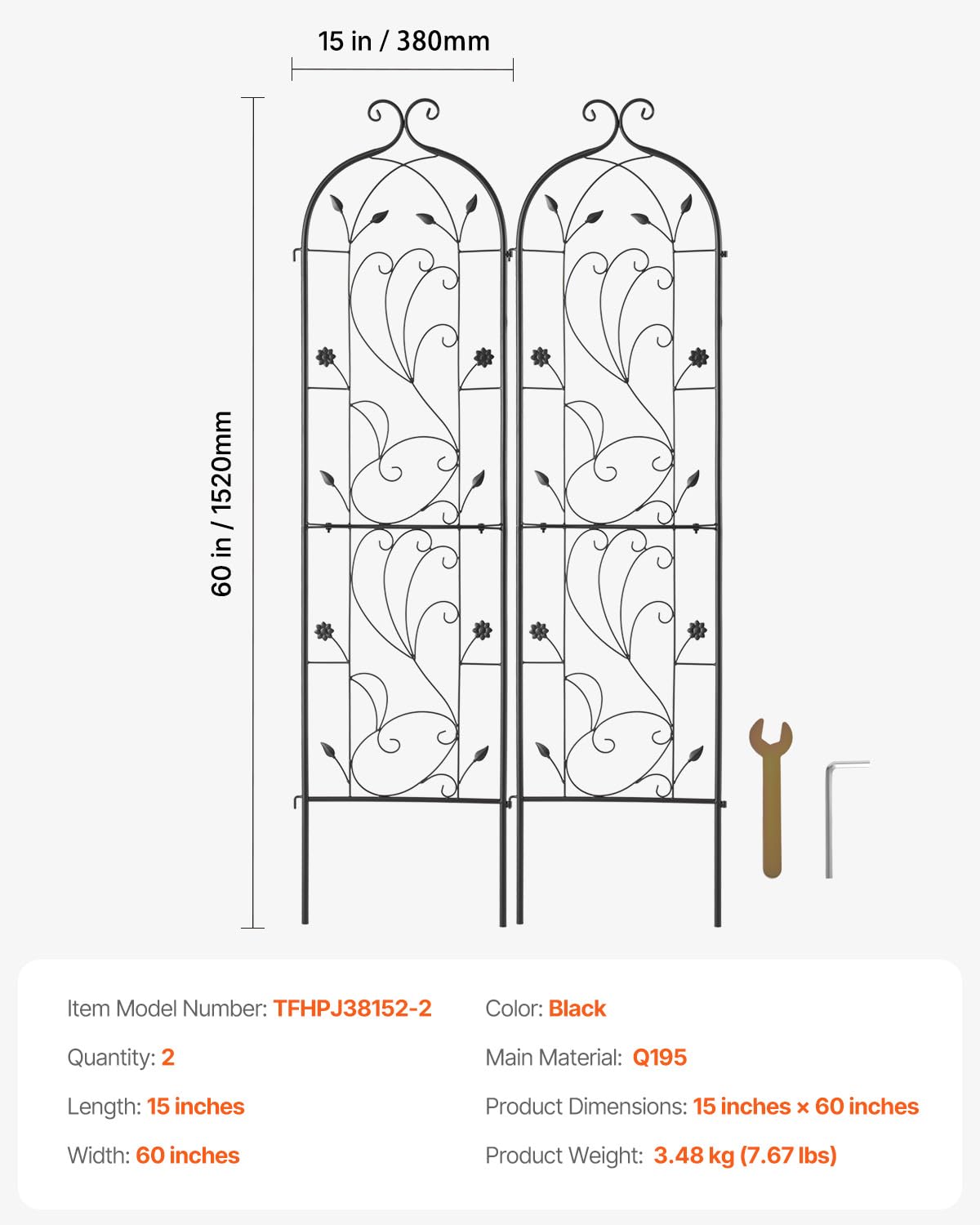 VEVOR Traliccio da Giardino Rampicanti per Piante Fiori in Metallo Antiruggine, Supporto per Traliccio per Rose Rampicanti Esterno, Traliccio Decorativo per Clematide Alta Cortili 38 x 152 cm 2 Pezzi