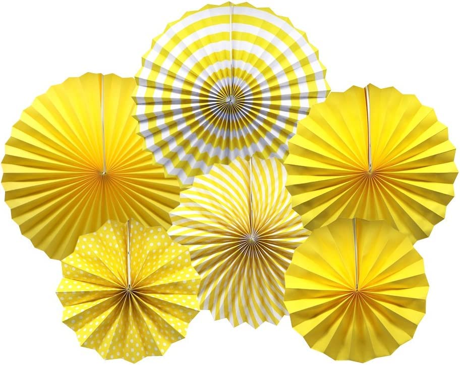 Image of 6 pcs Yellow Hanging Paper Fans for Party Decoration Colorful Patterns Party Fans for Birthday Anniversary Bridal Shower Baby Shower Christmas Diwali & Wedding Decor (Pack of 6, Yellow)