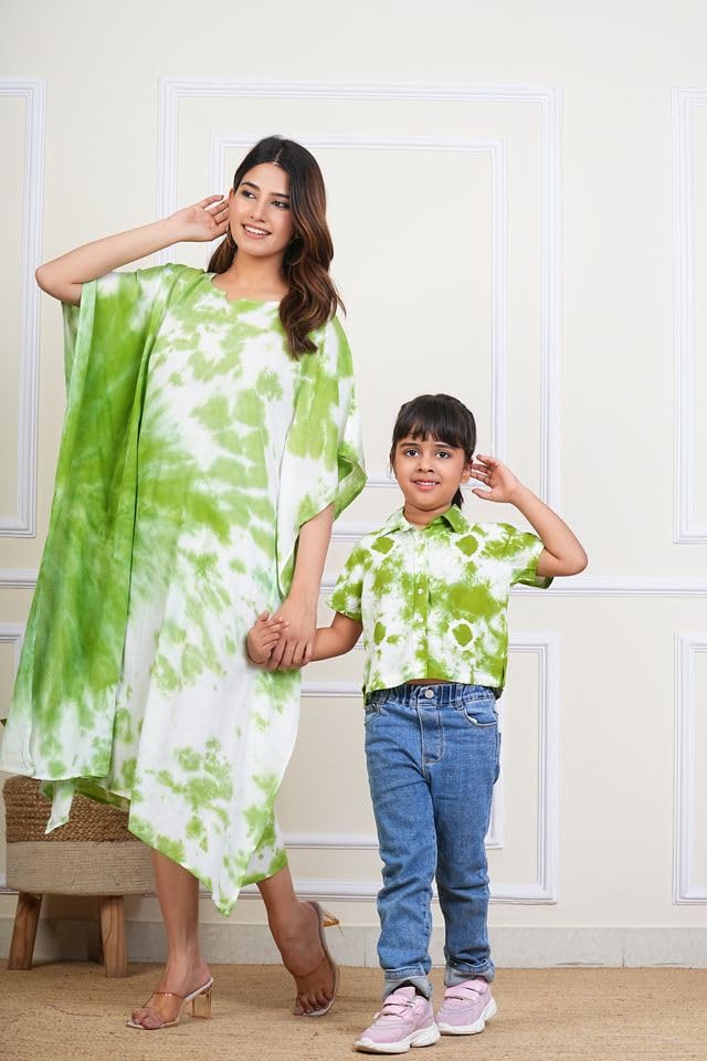 Image of Maaesa Women & Girls Mother Daughter Matching Kaftan Combo || Crepe Rayon Tie-Dyed Kaftan || Casual Wear || Family Twinning Outfit