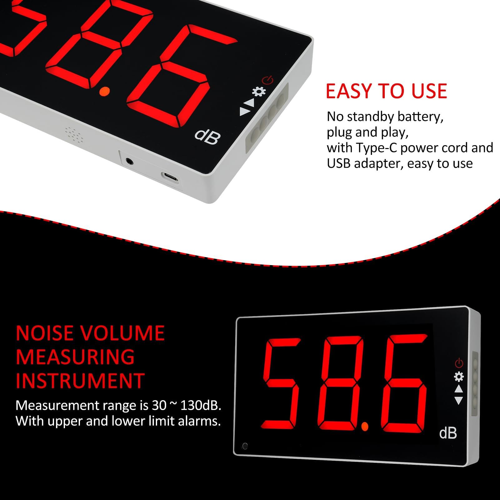 AMONIDA Medidor de Decibelios, Pantalla LCD de 3,0 Pulgadas Diseño de Montaje en Pared Rango de Medición de 30-130 DB Sensor de Diafragma de Metal Medidor de Nivel de Sonido con Alarma