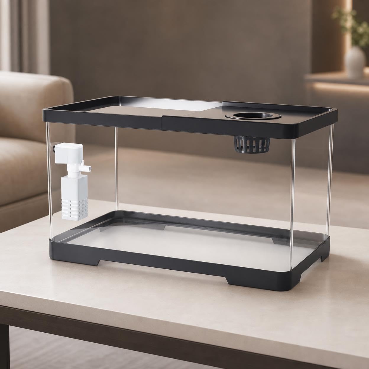 Acquario per principianti, kit starter completo con filtro e pompa inclusi, in vetro nero misterioso, ideale per scrivania e ufficio, 38.8x21.5x21.2cm