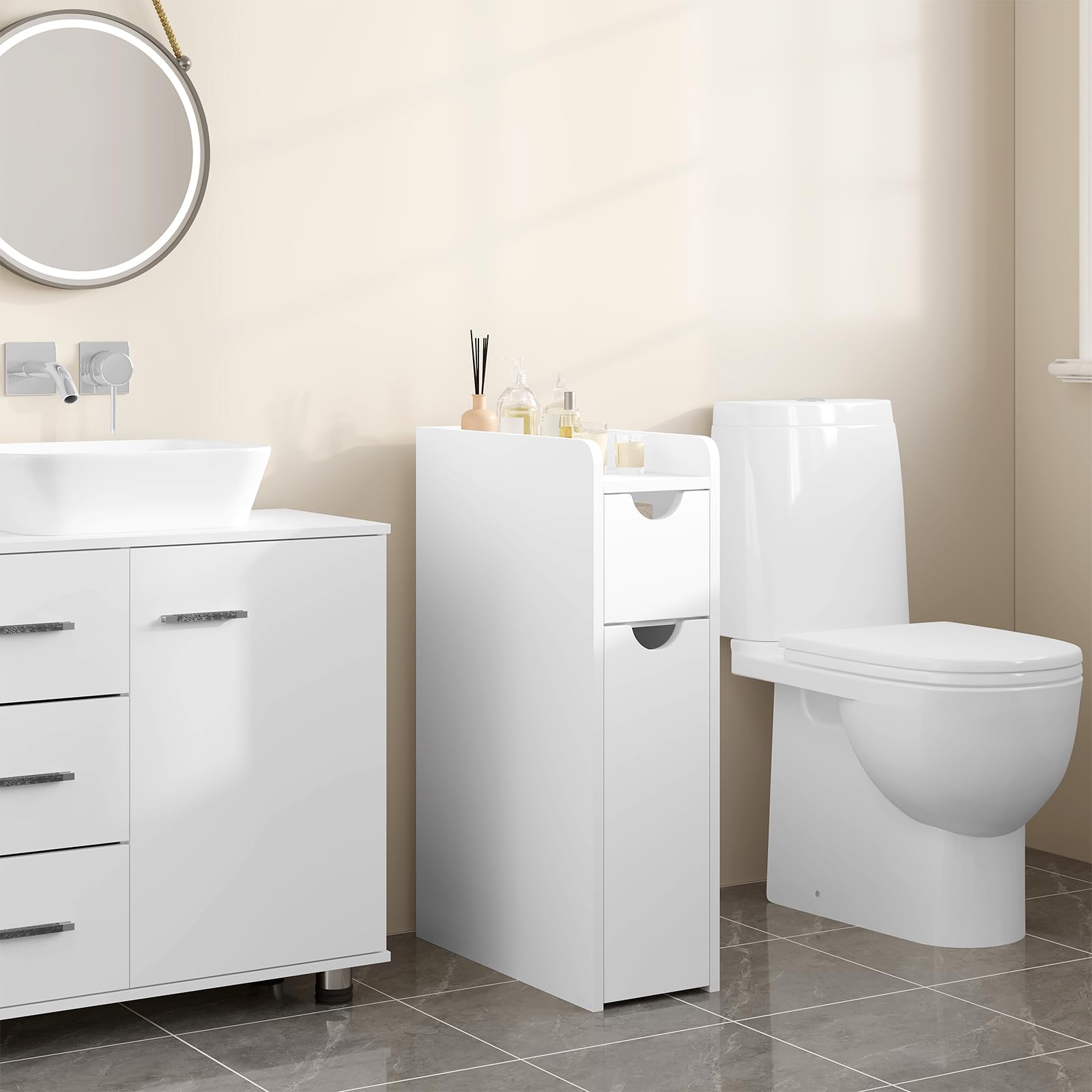 EUGAD Meuble Salle de Bain, Armoire Salle de Bain Étroite, avec 2 Tiroirs, en Bois d'Ingénierie, Blanc, 19x45x70cm
