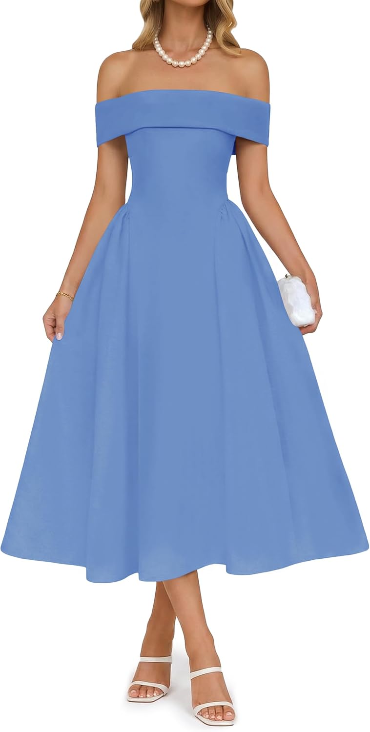 Wenrine Womens Off The Shoulder Cocktail Maxi Dress Sleeveless Casual A Line Elegant Flowy Formal Wedding Party Dresses