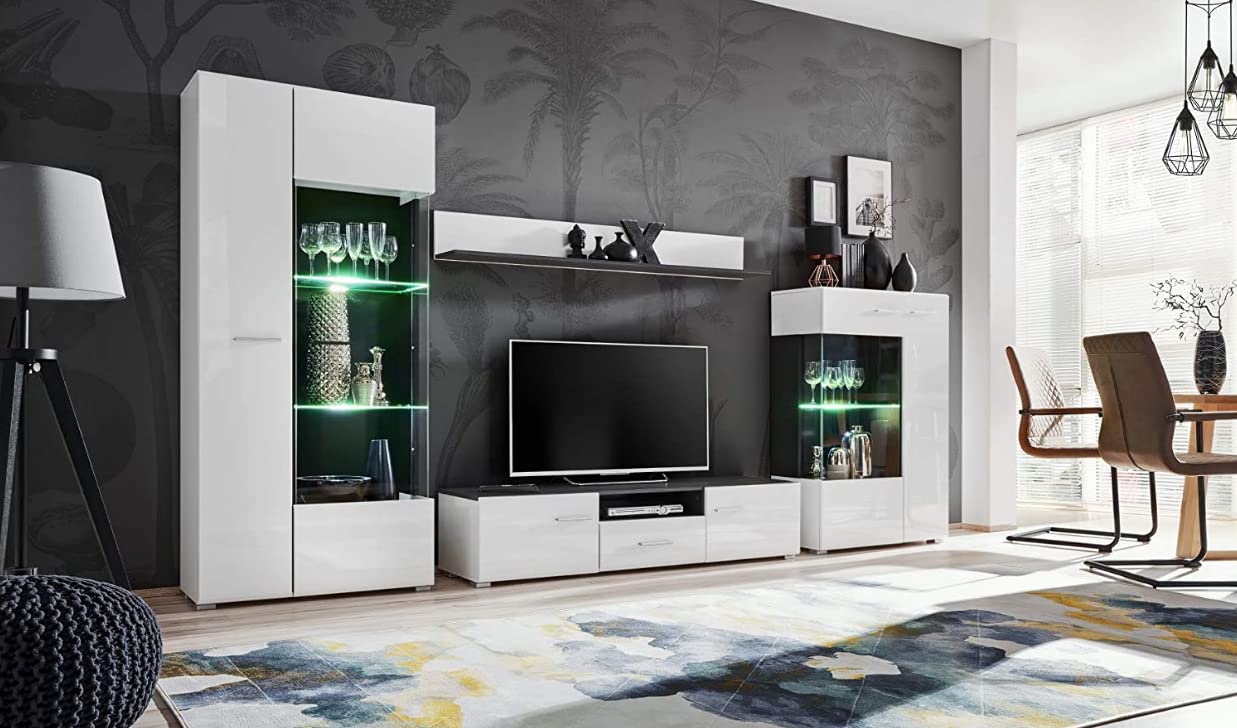ABIKSMEBLE Meuble-Paroi Murale SOLIDO - Ensemble de Meubles de Salon Moderne - Armoire Murale - Pin Norvégienne Noir, Blanc Brillant