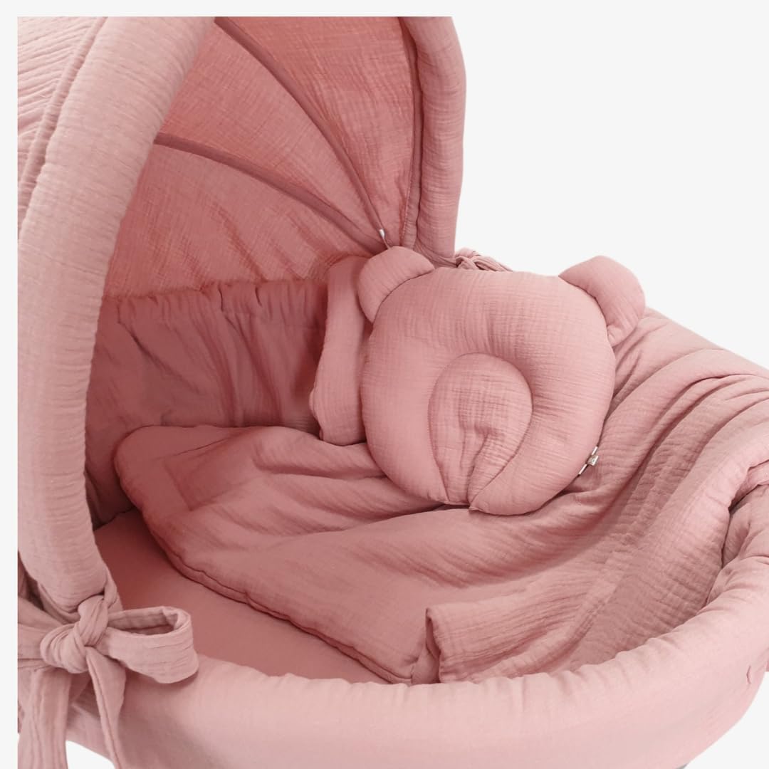 Wiklinopol Baby Bettwäsche Set 5-teilig Musselin Verdeck 110 cm Rosa | Stubenwagen Bezug Set, Babybettwäsche aus 100% Baumwolle, Decke 70x80 cm, Kissen 25x30 cm, Spannbettlaken, Einlage Ø 260 cm