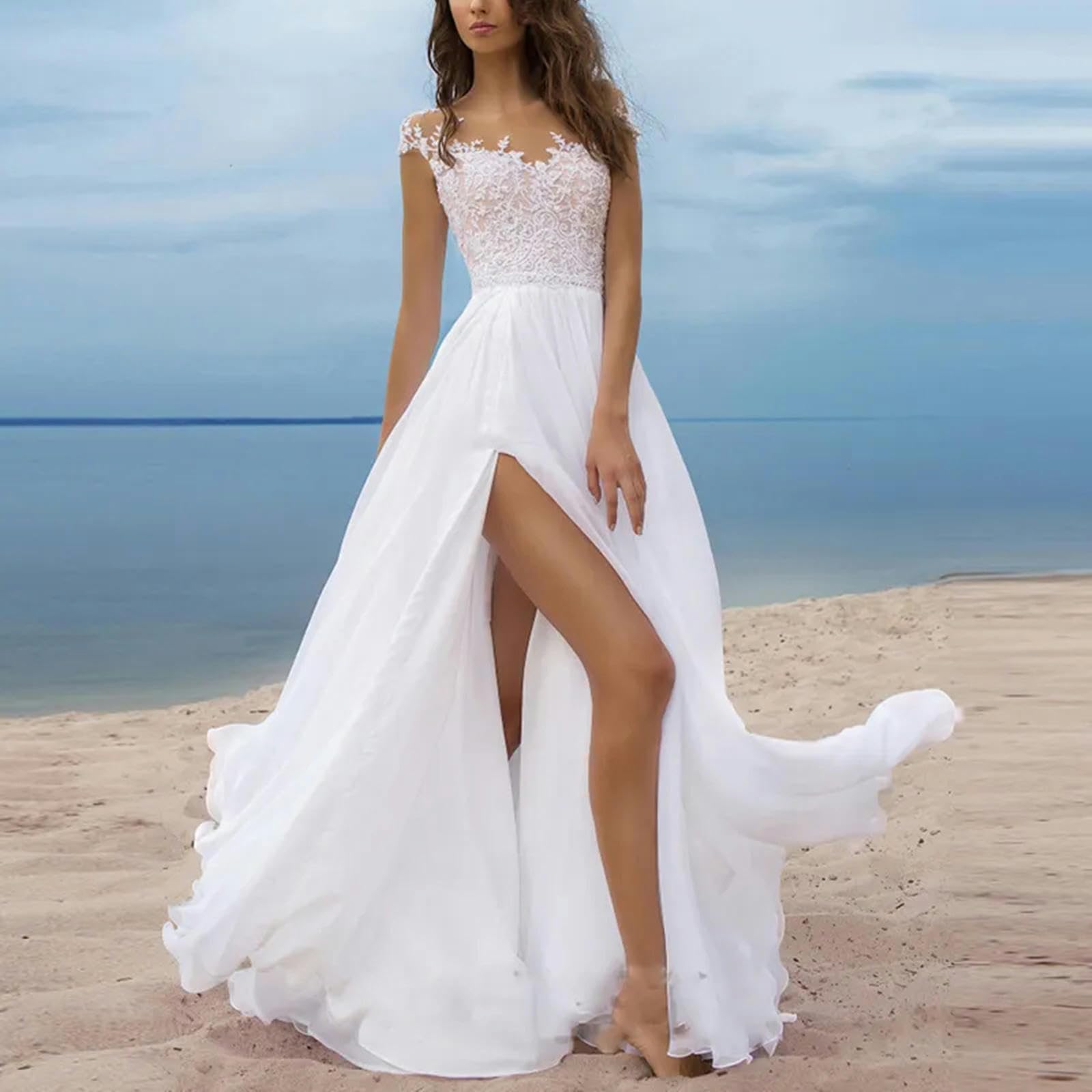 TEidea Vestito Donna Elegante Abito in Pizzo Senza Schienale Abito da Festa: Abito da Sposa Bianco con Maniche Corte E Back-Up